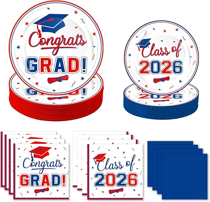 200 Pcs Graduation Table Decorations Party Supplies - Red Blue Graduation Plates and Napkins Class of 2026 Disposable Dinnerware Set for College High School Congrats Grad Party Favors, Serve 50