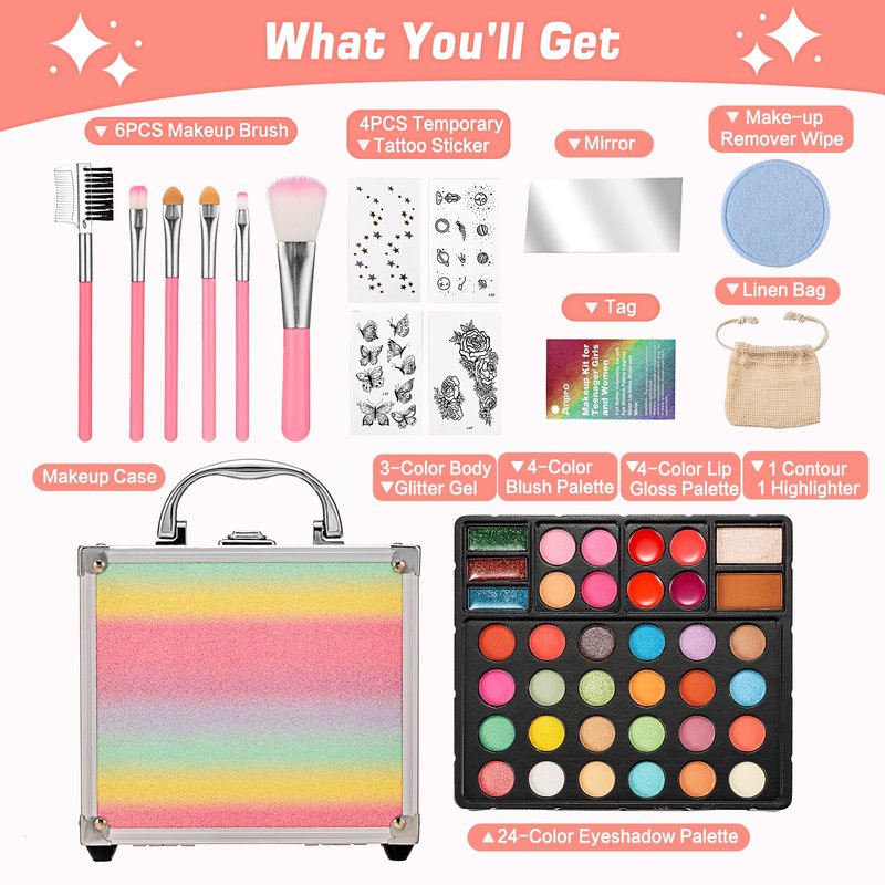 Anpro All-in-One Makeup Kit for Girls 10-12 with Case, Pro Teen Makeup Set, Tween Makeup Kit, Full Starter Make Up Kit with Brushes, Eyeshadow Palette, Blushes, Glitter Gel, Temporary Tattoo Stickers