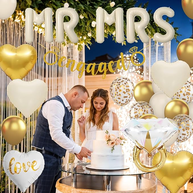Sand White Engagement Party Decorations, MR and MRS Balloons Decor, White Gold Confetti Balloons, Love Heart and Diamond Ring Foil Balloon with Engaged Banner for Wedding Engagement Party Decoration