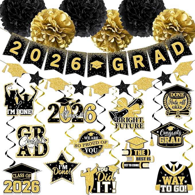 Black and Gold Graduation Decorations, 2026 Grad Banner and Congrats Grad Hanging Swirls, Black and Gold Graduation Banner Graduations Hanging Swirls College Graduations Party Decoration Class of 2026