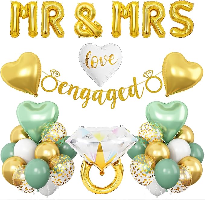 Sage Green Engagement Party Decorations, MR and MRS Balloons, Metallic Gold White Confetti Balloon, Love Heart and Diamond Ring Foil Balloon with Engaged Banner for Wedding Engagement Party Decoration