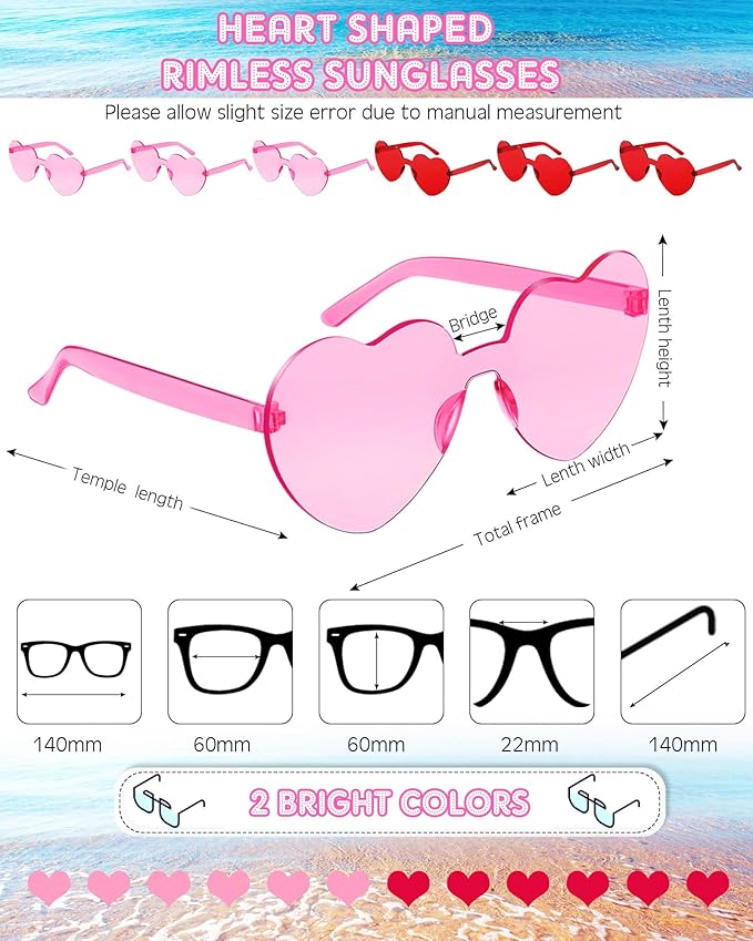 Frienda 8 Pairs Heart Shaped Sunglasses for Women Rimless Heart Glasses Candy Color Sunglasses for Party Favor