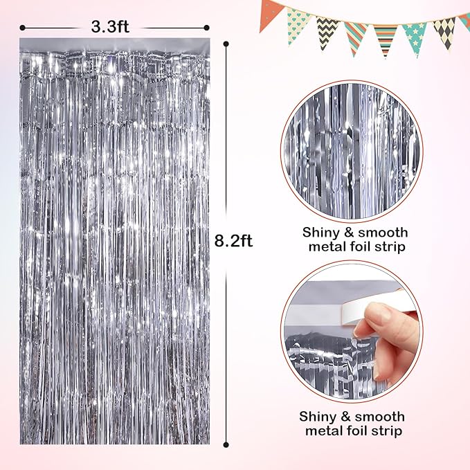 Silver Metallic Tinsel Foil Fringe Curtains, 2 Pack 3.3x8.3 Feet Party Streamer Curtains for Birthday Party Decorations, Halloween Decor, Foil Curtain Backdrop for Bachelorette Party