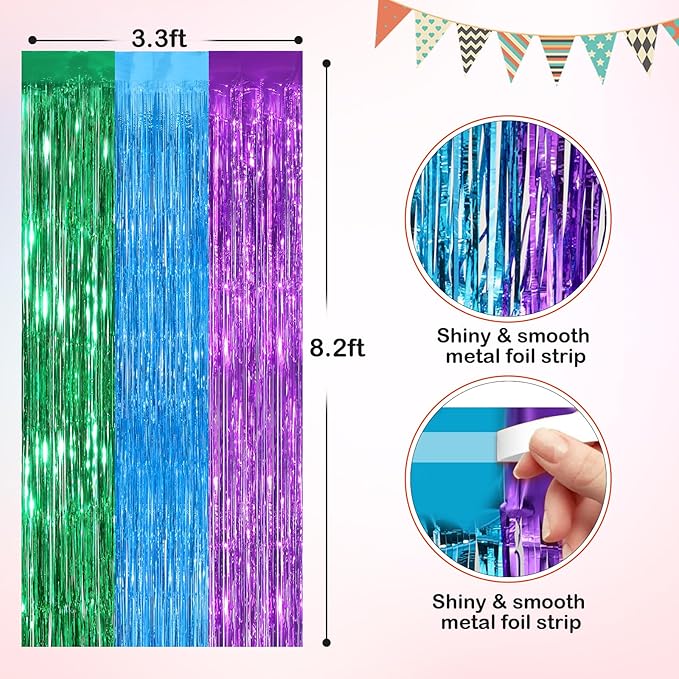 Rainbow Metallic Tinsel Foil Fringe Curtains, 2 Pack 3.3x8.3 Feet Party Streamer for Birthday Party Decorations, Halloween Decor, Foil Curtain for Christmas Party