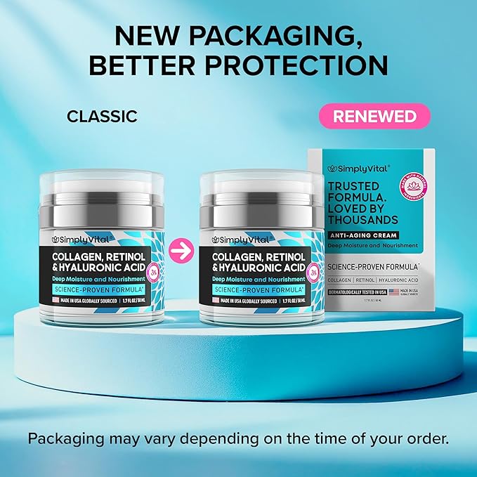 SimplyVital Collagen, Retinol & Hyaluronic Acid Cream - Anti-Aging Face Moisturizer for Face, Firming Skin Care Neck & Décolleté - Made in USA, Daily Moisturizer Face Cream Day & Night - 1.7 fl.oz.