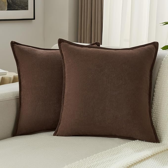 FUTEI Brown Chenille Throw Pillow Covers 24x24 Inch Set of 2,Edges Double-Stitched European Cushion Cases,Modern Home Decor for Couch Living Room