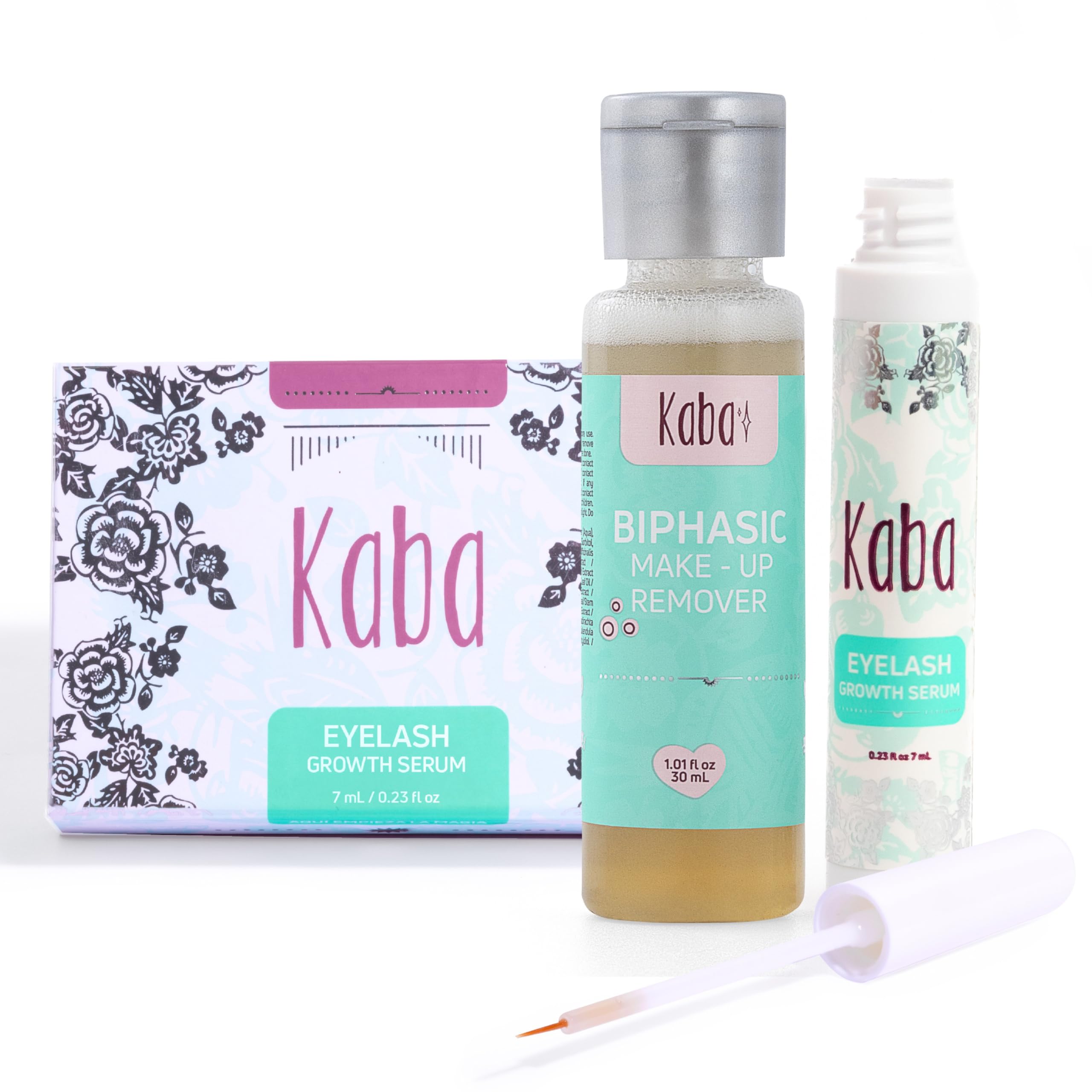 Kaba Eyelash Growth Serum for Longer, Thicker & Stronger Eyelashes with Essential Oils. Dermatologist Tested. Includes Makeup Remover Oil - Improved Formula