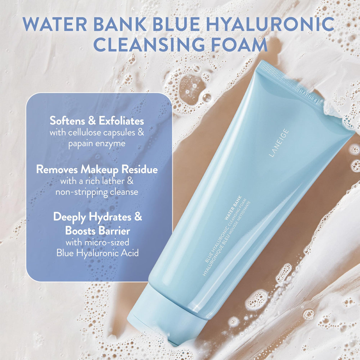 LANEIGE Water Bank Cleansing Foam: Hydrating Face Wash and Makeup Remover with Hyaluronic Acid & Papain Enzyme for Smooth, Soft Skin