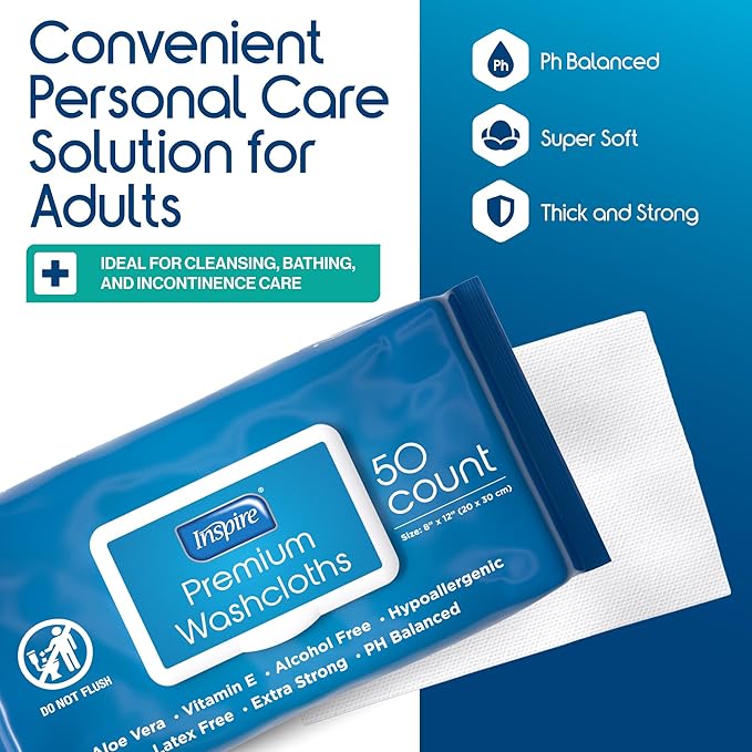 Inspire Adult Wet Wipes, Wash Cloths | Adult Wipes for Incontinence & Cleansing for Elderly, 8"x12" (500CT (10 PACKS OF 50))