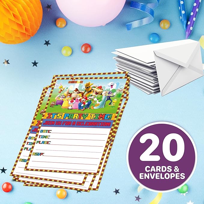 Set of 20 Classic Video GameThemed Happy Birthday Invitation Cards & Envelopes - Lightweight (240g), Postcard Style Invites for the Perfect Party Pack
