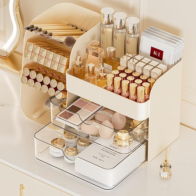 Makeup Organizer with Drawers,Large Capacity Countertop Organizer for Vanity,Bathroom and Bedroom Desk Cosmetics Organizer,Easy To Storage Skincare,Brushes, Eyeshadow,Lipstick (Cream, Large)