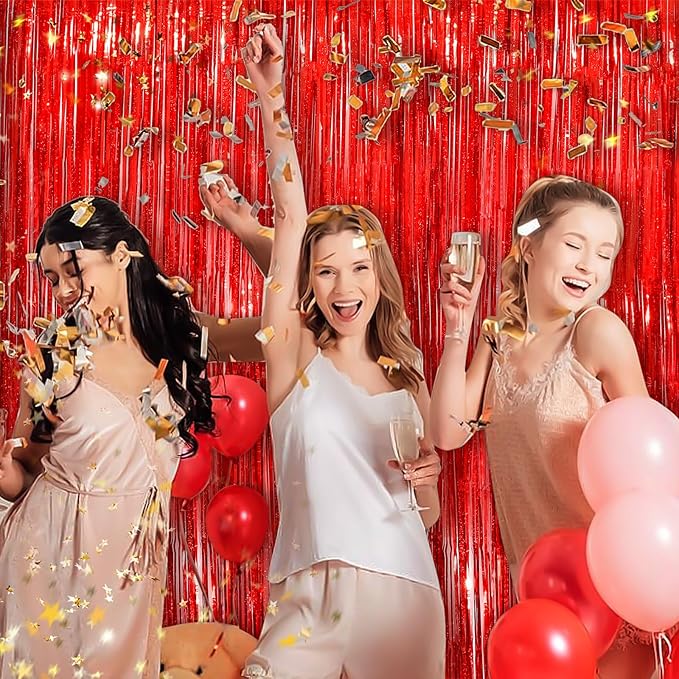 Red Metallic Tinsel Foil Fringe Curtains, 2 Pack 3.3x8.3 Feet Party Streamer for Birthday Party Decorations, Valentines Day Decorations, Foil Curtain for Wedding