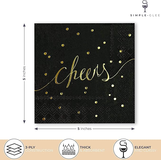 Black & Gold Disposable Party Napkins - 3 Ply, Pack of 100 for Bar, Cocktail, Bachelorette Parties