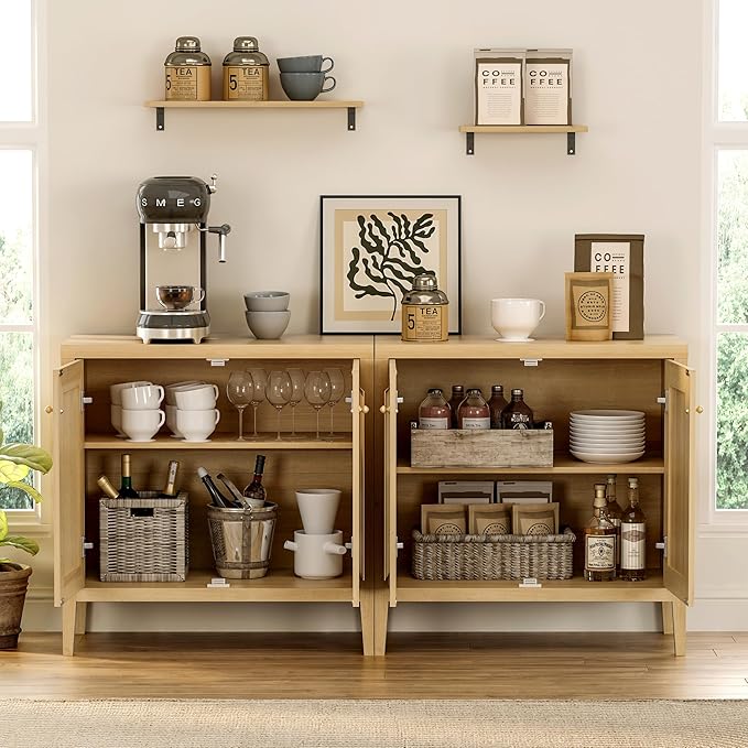 Sideboard Buffet Cabinets Set of 3 with Adjusable Shelves, Farmhouse Storage Cabinet, Credenza, Accent Cabinet, Kitchen Coffee Bar Console Table for Living Dining Room, Natural Oak