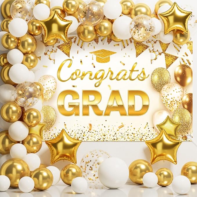 Ecomore 2026 Graduation Decorations - 245 PCS Grad Disposable Dinnerware(Serve 25) & Graduation Party Supplies With Congrats Paper Plate Cup Napkin Cutlery Tablecloth Backdrop Balloon Kit - White Gold