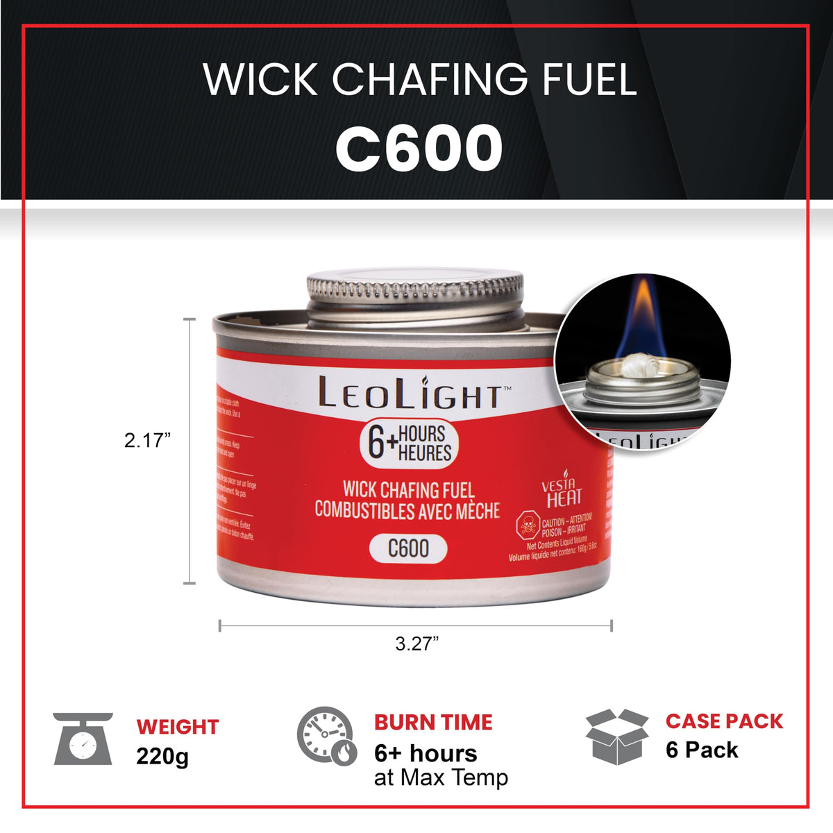 6 Pack Chafing Fuel 6 Hour Burn – Odorless, Smokeless & Spill-Proof Wick, 7oz Food Warmer Fuel for Chafing Dish Buffet Set & Catering Use, LeoLight