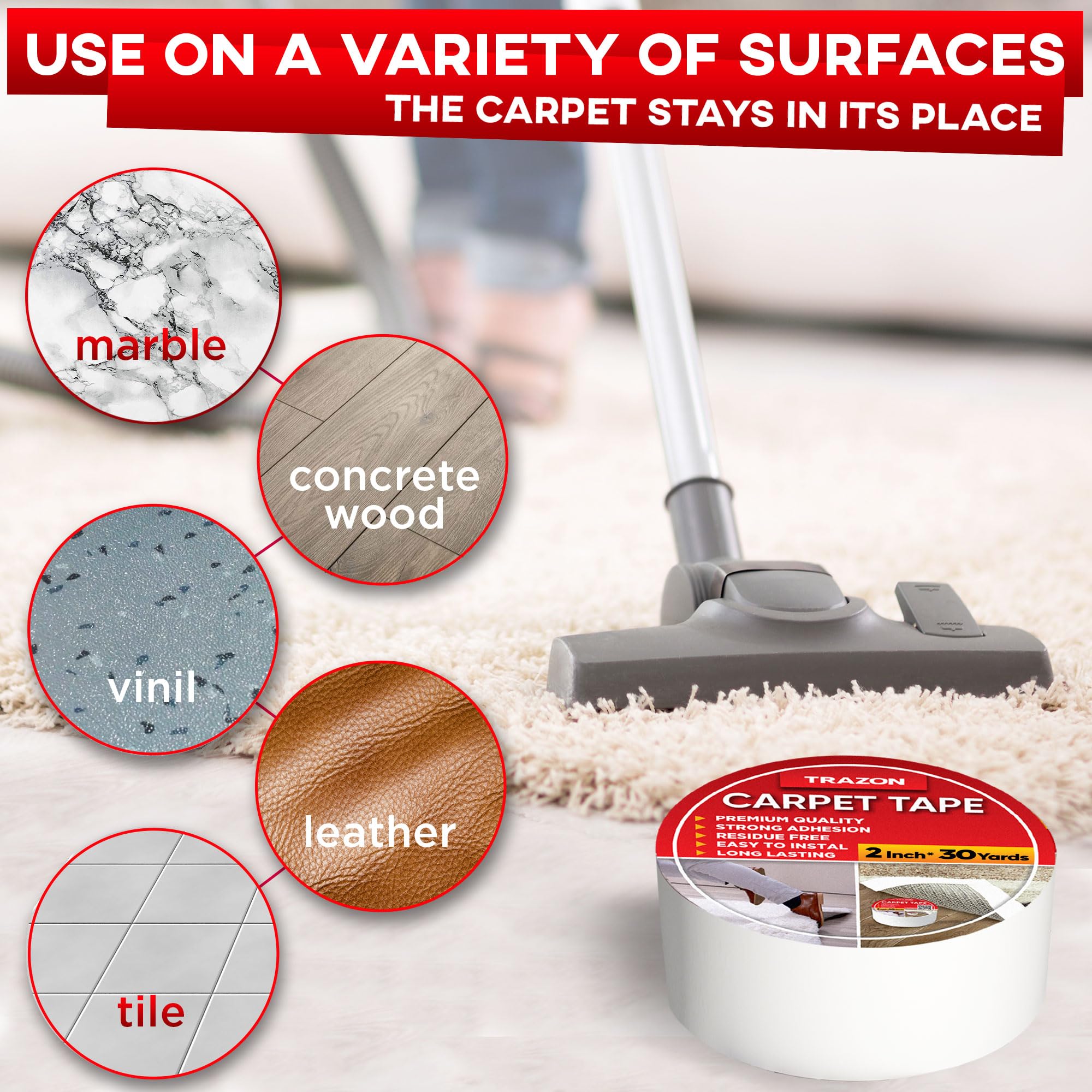 Trazon Carpet Tape Double Sided - Rug Tape Grippers for Hardwood Floors and Area Rugs - Carpet Binding Tape Strong Adhesive and Removable, Heavy Duty Stickers Tape, Residue Free (2 Inch / 30 Yards)
