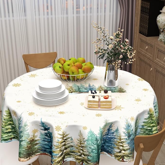Christmas Round Tablecloth 70 Inch Xmas Tree and Snowflake Pattern White Table Cloth Circle Winter Holiday Table Cover Washable Polyester Indoor Decor for Home Kitchen Dinning Party