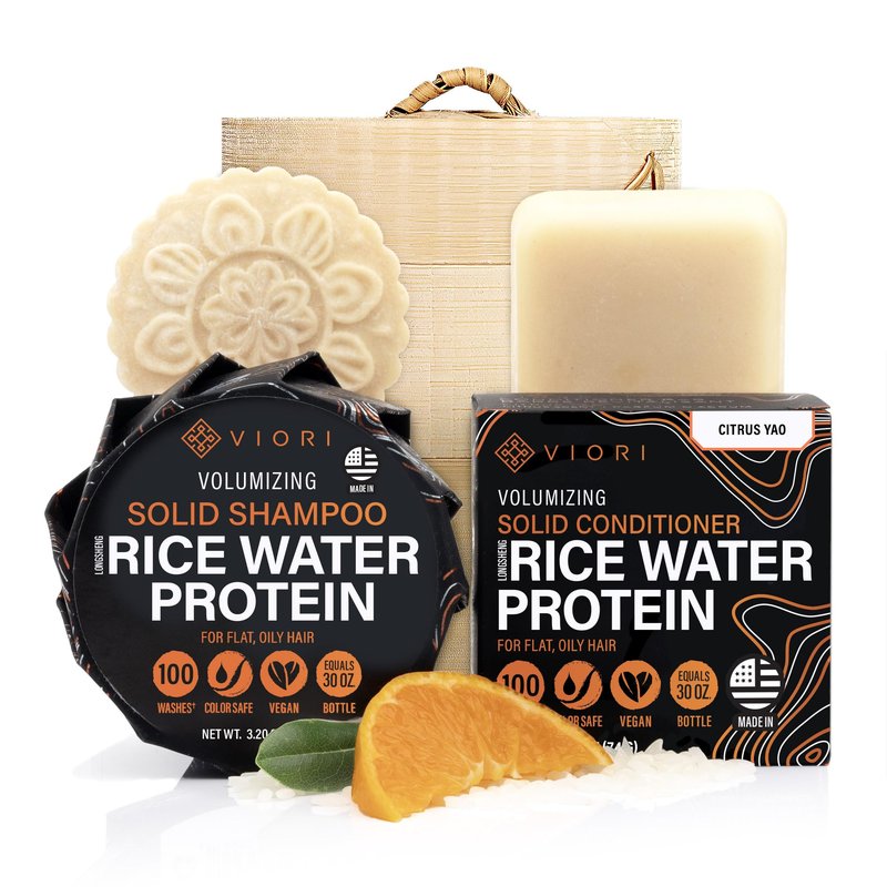 Viori The Foundation Bundle - Citrus Yao Shampoo and Conditioner Set with Bamboo Holder - Rice Water Shampoo Bar and Conditioner Bar - Sulfate-Free, Vegan and Organic - Best for Normal to Oily Hair
