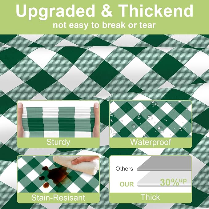 QIKSION Green Gingham Tablecloth Disposable 2 Pack, 54 x 108 Inch Green and White Checkered Table Cloth for Camping, Birthday, Masters Golf Party Supplies, Rectangle, Plastic Table Cover