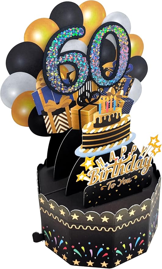 60th Birthday Cards 3D Popup Birthday Greeting Cards - Birthday Greeting Card for Men, Women, Mom,Dad and Grandparents with Blank Note and Envelope Included (Black Gold)