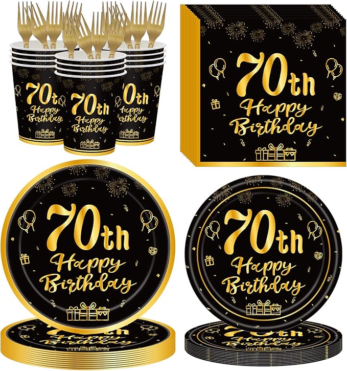 120Pcs 70th Birthday Party Supplies Plates Napkins Cups Forks Tableware Set Gold Black Happy 70th Birthday Themed Disposable Tableware Decoration Serves 24 Guests for Women and Men