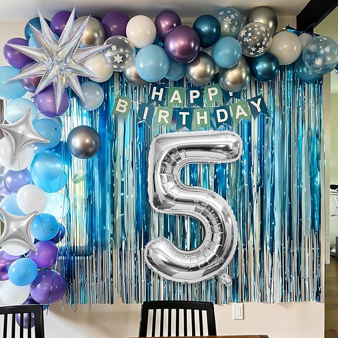 Snow 5th Birthday Decorations Girl, Snowflake Balloon Garland Arch Kit, Laser Explosion Star Balloons, Silver Number 5 Balloon Tower for Baby Shower Girls 5th Snow Theme Party Supplies