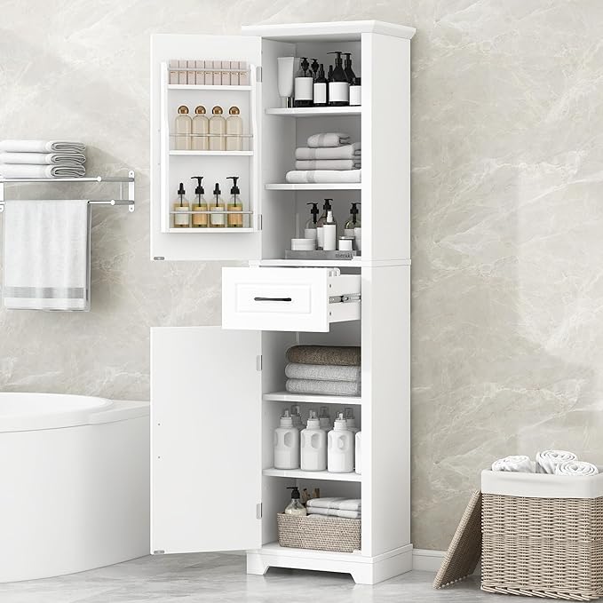 Bathroom Tall Storage Cabinet, Floor Freestanding Storage Cabinet with 2 Doors, One Drawer, Door Shelve Design, and Adjustable Shelf for Bathroom, Office, Multi-Use Organizer, White