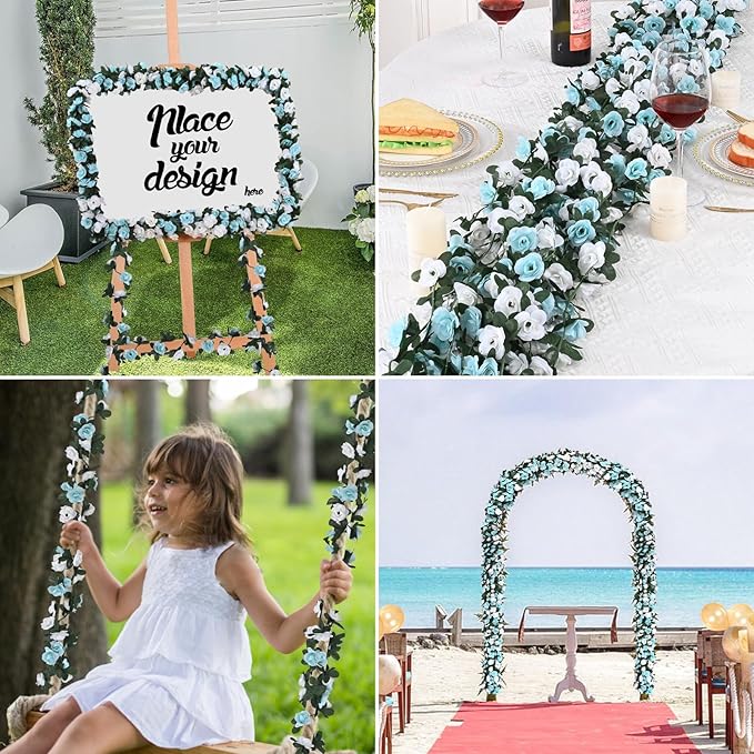 MARTINE MALL Flower Garland - 8 Strands 66Ft Rose Vines for Bedroom, Blue and White Rose Floral Garland for Room Birthday Wedding Party Garden Wall Decor