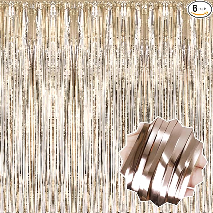 6 Pack Champagne Gold Foil Fringe Curtains Backdrop, 3.28 x 9.8 Ft Metallic Streamers Tinsel Curtains Background for Photo Booth, Birthday, Halloween, Christmas, New Year Party Decorations