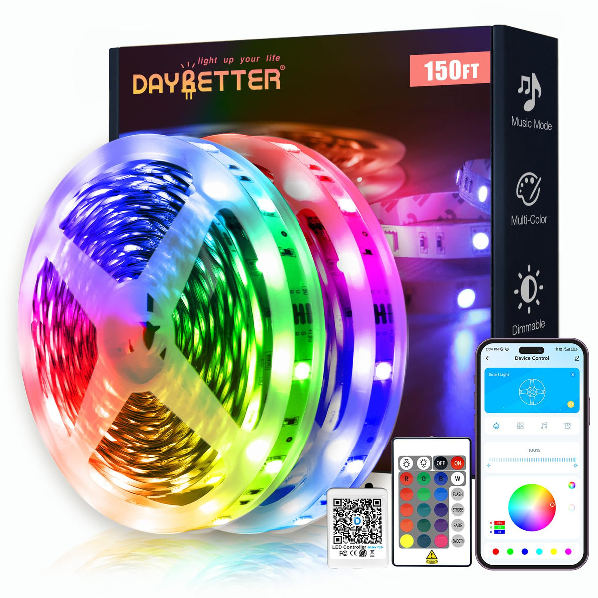 DAYBETTER Smart RGB Led Strip Lights, 150ft Led Lights for Bedroom with App Control, Multicolor Changing Led Light Strips Apply for Home Decor, Living Room, Kitchen, Home Party Decoration