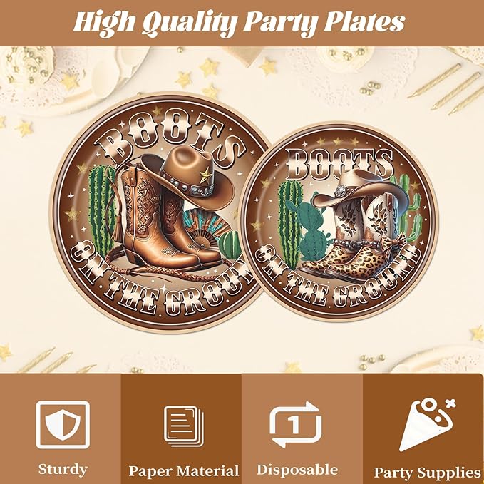 Rakuto Boots on the Ground Decorations, 96PCS Western Cowboy Party Brown Disposable Paper Plates and Napkins Decoration, Boots on the Ground Birthday Forks Table Decor Serve 24