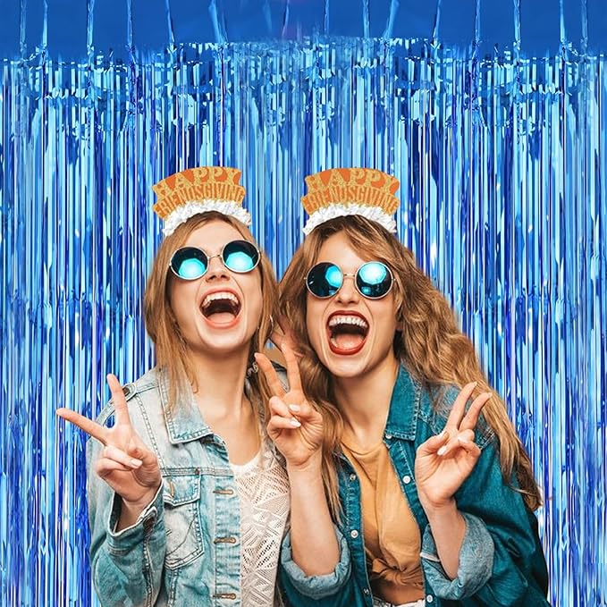 3Pack Blue Foil Fringe Curtain Backdrop - 3.3ft x 8.3ft Metallic Tinsel Photo Booth Decor for Bluey Birthday Decorations