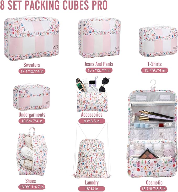 Veken 8 Set Packing Cubes for Travel Kids, Beach Vacation Essentials Accessories for Cruise Ship, Suitcase Organizer Bags for Luggage with Hanging Toiletry & Shoe Bag, Birthday Gifts for Women Mom Her
