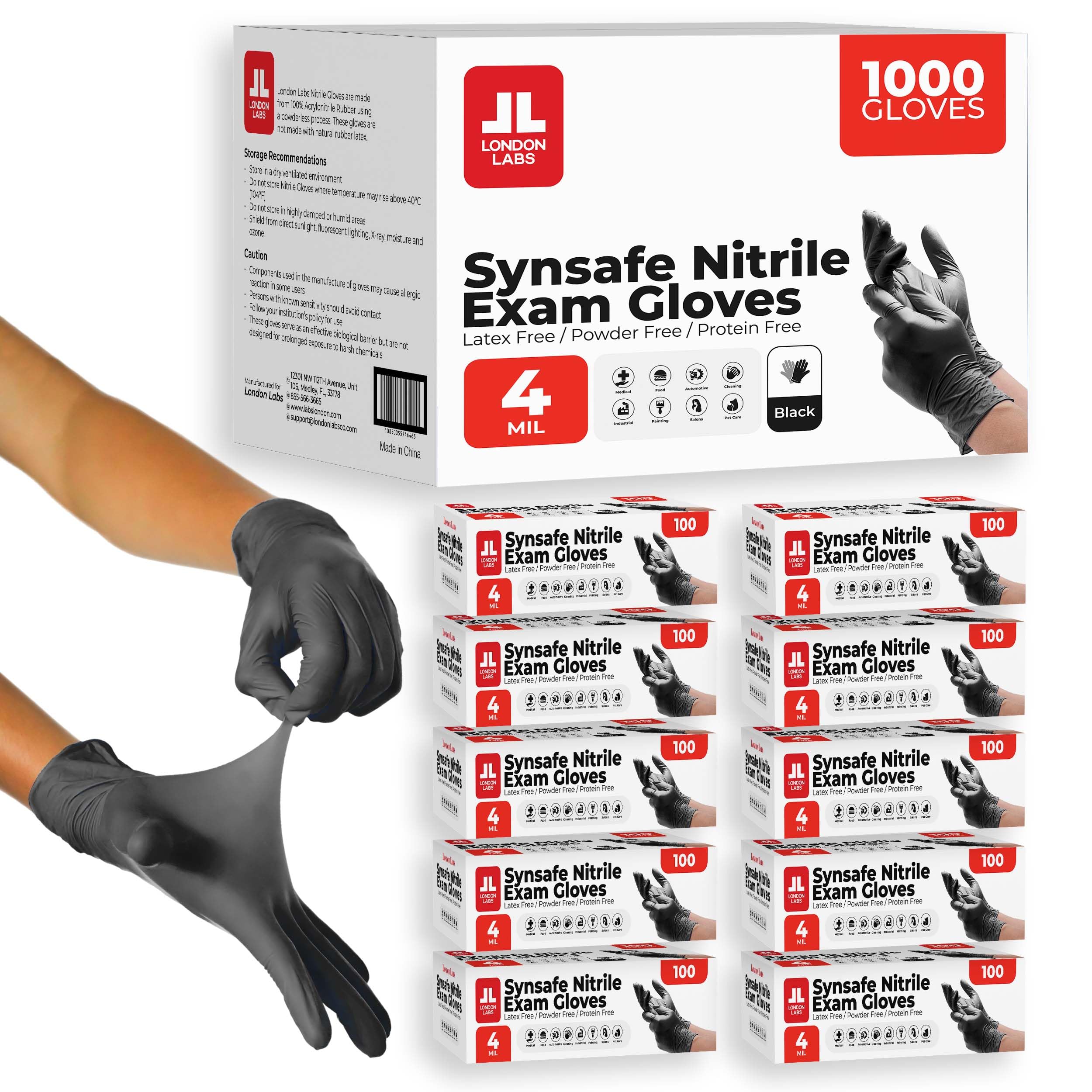 London Labs Synsafe 4 Mil -Black Nitrile Exam Gloves –Disposable Latex Free & Powder Free – Extra Strong, Rubber Gloves – First Aid Kit, Medical, EMT, Cleaning, Cooking | Bulk Case of (1000 ct)