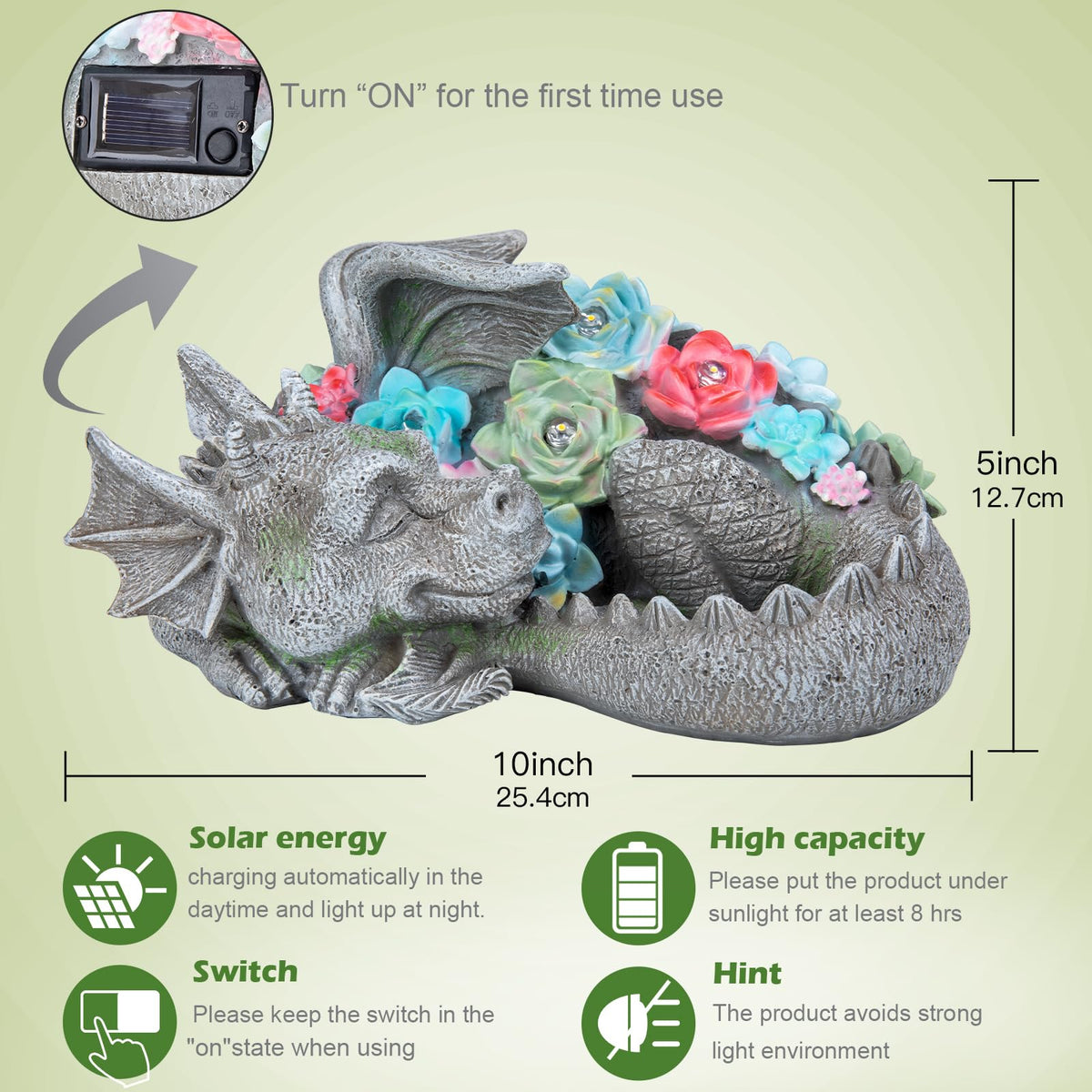 Solar Dragon Garden Statue, Sleeping Dragon with Solar Light Succulent