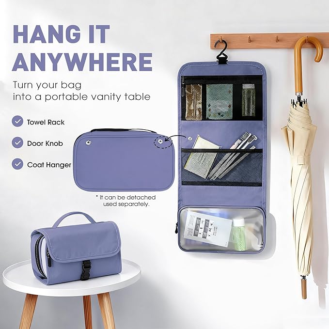Toncoke Travel Toiletry Bag Set, Hanging Toiletry Bag Premium Faux Leather, Toiletry Bag for Women & Men, Travel Essentials Makeup Bag Water-resistant, Bluish Purple