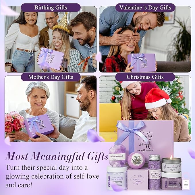 Spa Gifts for Women 7 Pcs Home Spa Kit Lavender Bath Set,Spa Gift Baskets Self Care Gifts Spa Gifts for Women Birthday,Mothers Day Basket Easter Christmas Bath Set