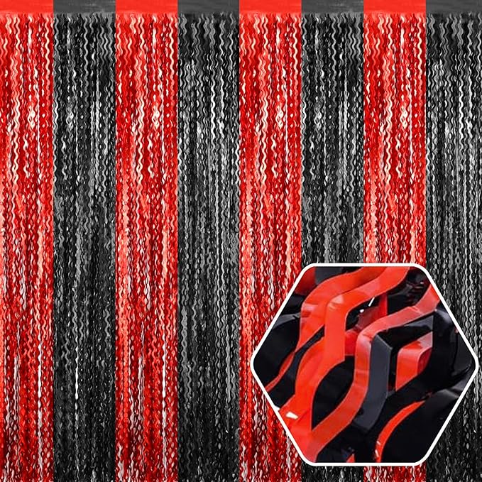 4 Pack Black Red Wave Foil Fringe Curtain Backdrop, 3.28Ft x 8.2Ft Metallic Tinsel Foil Fringe Streamer Curtains for Photo Booth, Mother's Day, Easter, Birthday, Wedding Party Decoration