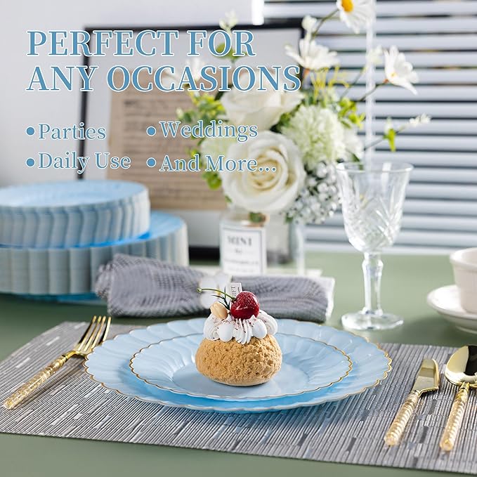 Lullaby 60PCS Light Blue Scalloped Plastic Plates with Gold Rim, Includes 30PCS Dinner Plate 10'' and 30PCS Dessert Plate 7.5'', Baby Blue Plastic Plates for Party, Wedding and Daily Use