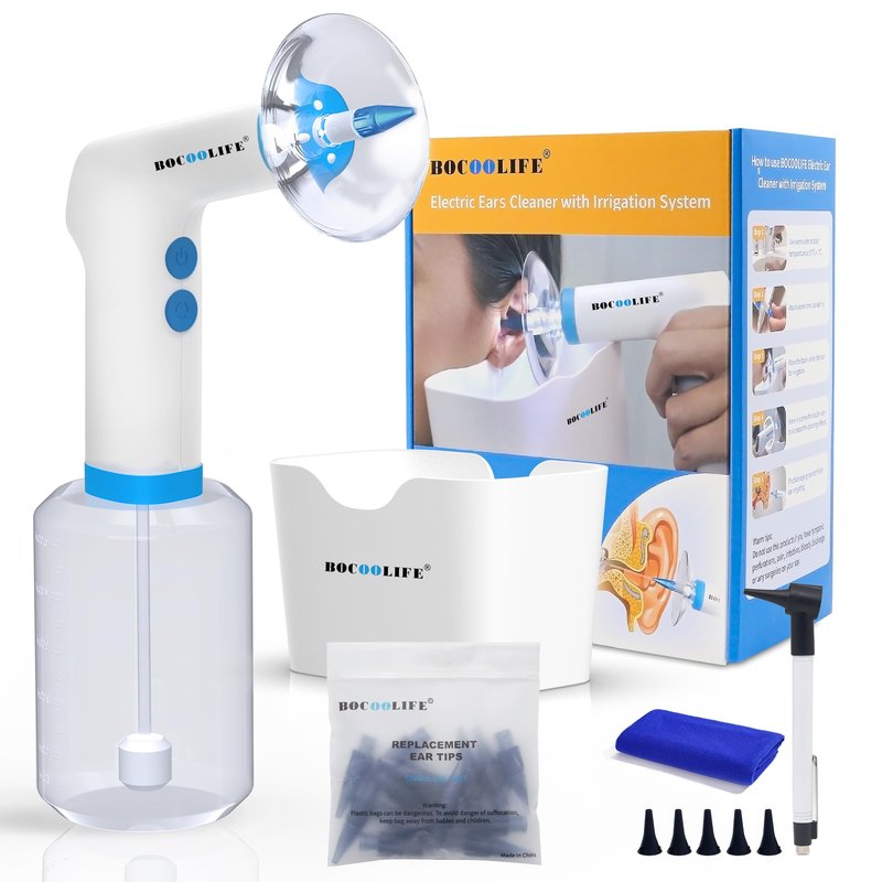 BOCOOLIFE Electric Ear Wax Removal Kit – Water Flushing Irrigation System Ears Flush Cleaner Powered with 4 Pressure Settings, Safe & Effective Ear Cleaning Kit, Includes 30 Tips, Basin