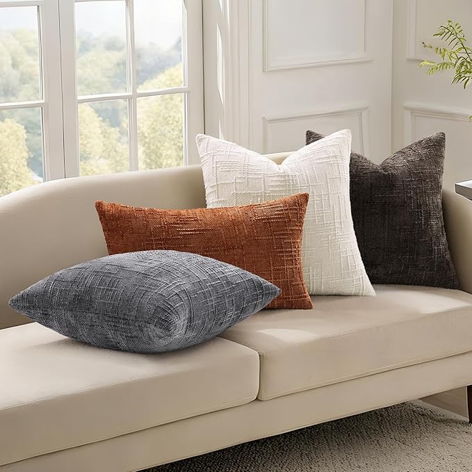 decorUhome Christmas Cream White Chenille Throw Pillow Covers 12x20 Set of 2 Thick Textured Slubby Couch Pillow Covers Farmhouse Accent Modern Neutral Decorative Pillow Cases for Bed Sofa Living Room