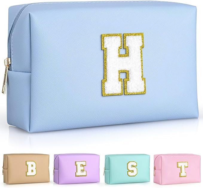 TOPEAST Preppy Bag, Monogrammed Makeup Bags with Zipper, Cute Makeup Pouch, Initial Birthday Gifts Bag for Daughter Friends Sister, Preppy Things for Girls (Sky Blue H)