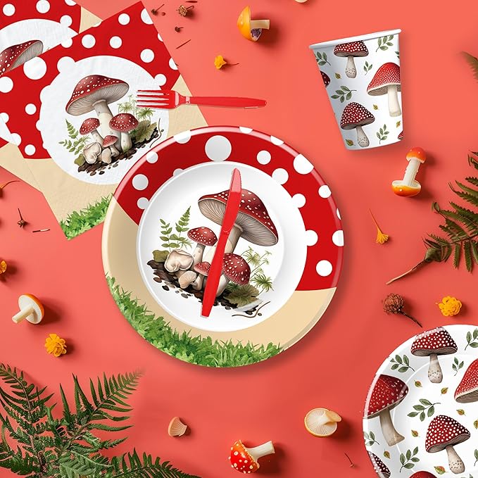 APOWBLS Mushroom Birthday Decorations Party Tableware - Mushroom Baby Shower Decorations And Supplies, Paper Plate, Cup, Napkin, Disposable Disposable Fork | Serves 24