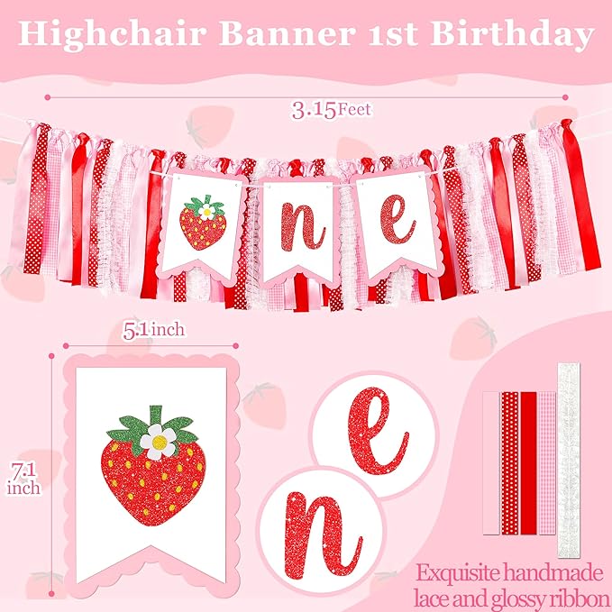 Berry First Birthday High Chair Banner One High Chair Banner Girl Photo Backdrop First Birthday Decorations for Girl Wall Hanging Decorations for Kids Bedroom, Red/Pink