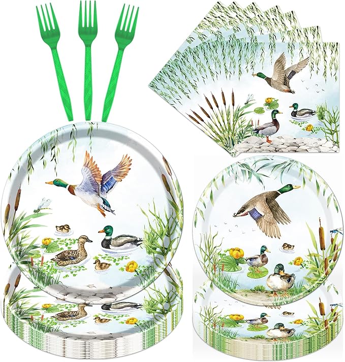 Rakuto Mallard Duck Party Plates and Napkins Party Supplies, 96PCS One Luck Duck Birthday Decorations, Disposable Paper Duck Birthday Party Baby Shower Dinnerware Serves 24