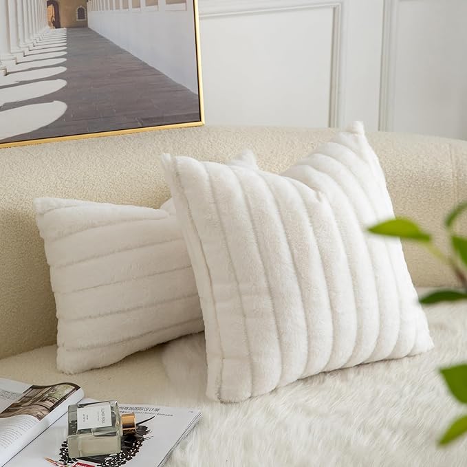 Pack of 2 Faux Fur Throw Pillow Covers 20x20 Inch Striped Decorative Soft Plush Couch Pillow Case Home Decor for Bed, Sofa, Living Room Cream White