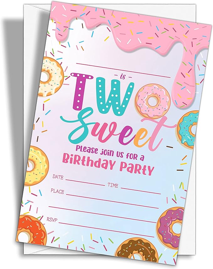 Donut Sweet Two Birthday Party Invitations, 20-Count Donut 2nd Birthday Party Invites With Envelopes-HBYQK-B47