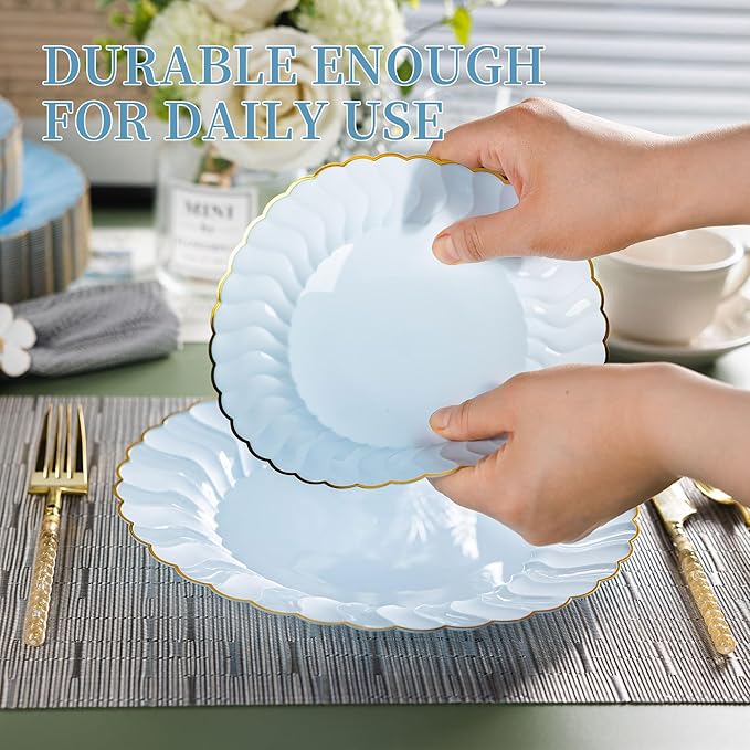 Lullaby 60PCS Light Blue Scalloped Plastic Plates with Gold Rim, Includes 30PCS Dinner Plate 10'' and 30PCS Dessert Plate 7.5'', Baby Blue Plastic Plates for Party, Wedding and Daily Use