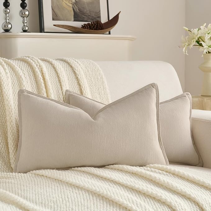 FUTEI Beige Chenille Throw Pillow Covers 12x20 Inch Set of 2,Edges Double-Stitched Lumbar Pillow Cases,Modern Home Decor for Couch Living Room